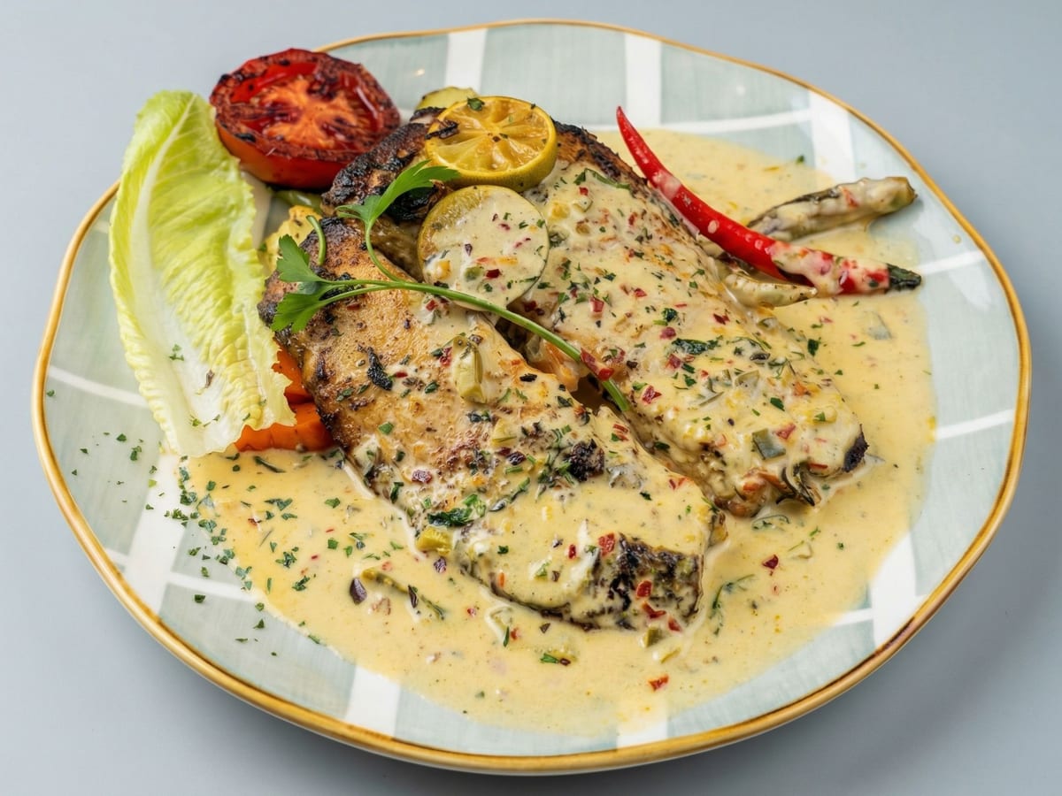 ستيك سمك مشوي — قطعة سمك سميكة وعصيرية متبلة بمزيج من الأعشاب وزيت الزيتون وقشر الليمون ولمسة من الثوم | Cock "N" Bull, Sharjah